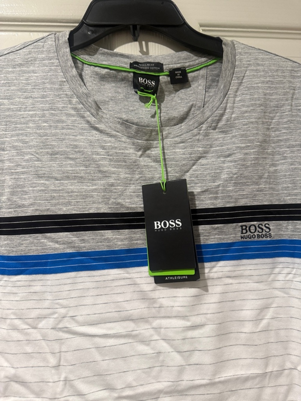 Hugo Boss Gray, Blue & Black Striped Crew Neck Tee